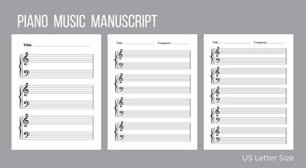 Blank piano sheet music template with treble and bass clefs, featuring three staves per page for composing, arranging, and music notation.
