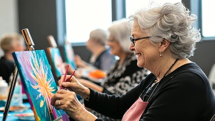 A vibrant art class for senior women, where each participant creates unique paintings while enjoying warm conversations and encouragement from friends.