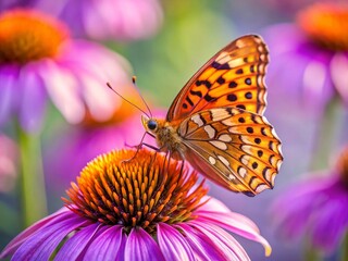 Mediterranean Fritillary Butterfly on Echinacea Close-up - Minimalist Nature Photography