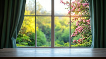 Naklejka premium Serene window view featuring lush green tree outside framed by natural light and soft curtains
