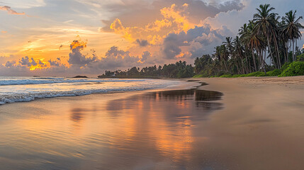 Golden Sunset Over a Tropical Beach with Palm Trees