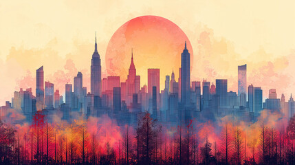 Fototapeta premium Geometric city skyline in pastel tones. Clean white background. Flat design style