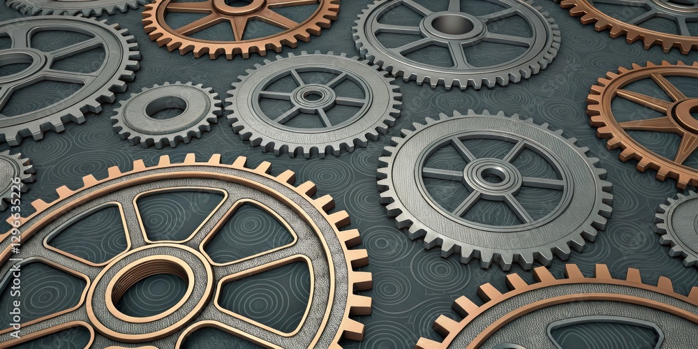 Poster A collection of metallic gears arranged on a surface, showcasing intricate designs and textures in a mechanical setting.