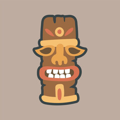 wooden ethnic mask statue in outline flat vector design