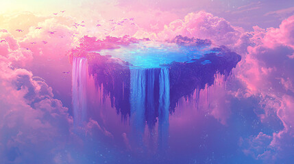 Dreamlike Floating Island with Waterfall in the Clouds
