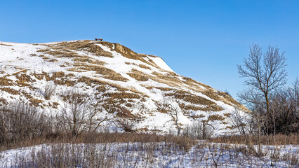 View from lower hiking trail at Wanuskewin Heritage Park in Saskatoon, Canada highest point in the...