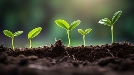 Young green seedlings growing in fertile soil with sunlight