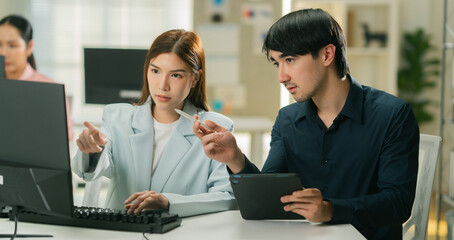 Learning, computer and training business interns in modern office. Customer service job, Cheerful...