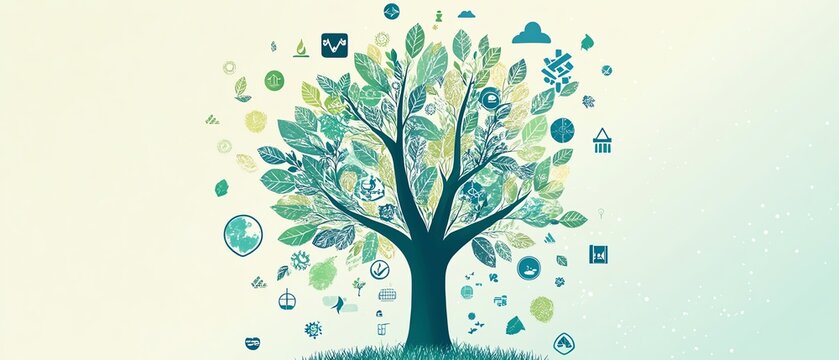 Illustration of ecofriendly investment strategy as a tree, green bonds and sustainability icons on branches and leaves, showcasing growth of ecobusiness, financial and eco sectors