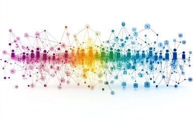 Organizational structure illustration with colorful figures, representing business departments, hierarchical flow, teams connected by lines, management and company structure