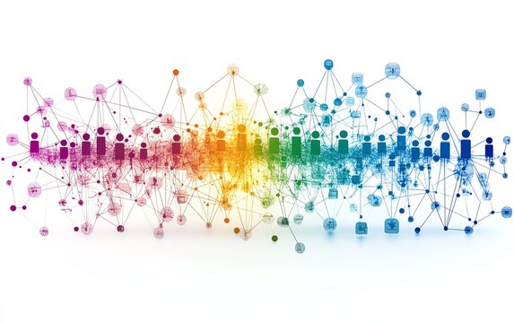 Organizational structure illustration with colorful figures, representing business departments, hierarchical flow, teams connected by lines, management and company structure