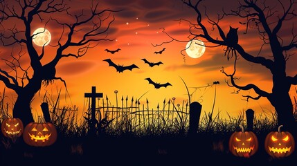 Spooky Halloween Night Outdoor Background with Haunted House, Full Moon, Foggy Graveyard, Jack-o-Lanterns, and Eerie Atmosphere for Digital Art, Party Decor, or Horror Themes
