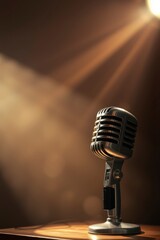 Art photograph old style of a retro microphone sitting on a worn wooden table.