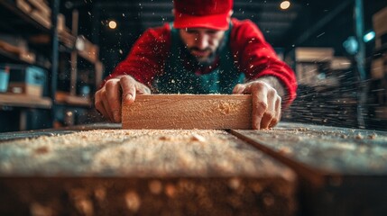 A focused woodworker using a handheld sander to refine a wooden plank, producing fine sawdust in a cozy workshop