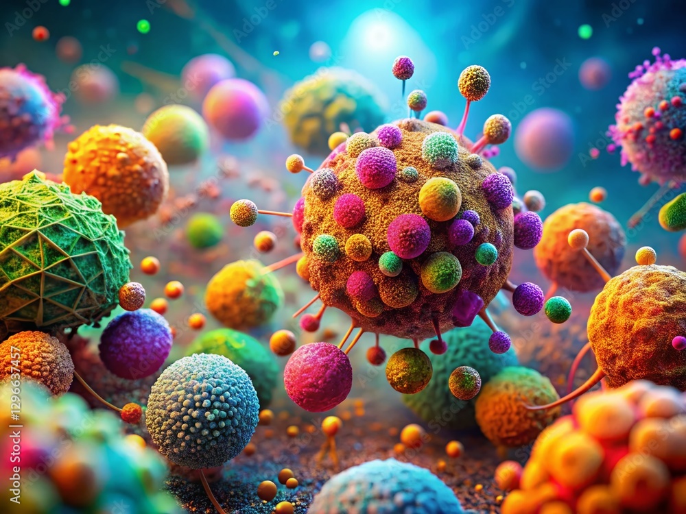 Poster microscopic view of cancer cell division: stunning 3d render with bokeh effect