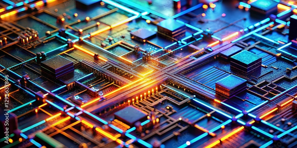 Poster microscopic view of silicon wafer cpu's complex electrical pathways - high-resolution stock photo