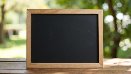 A small blackboard with a light wooden frame, placed on a wooden table outdoors with a blurred green background.