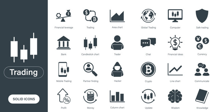 Vector icons representing trading, finance, investment, and analysis, designed as solid icons in a minimalist style.