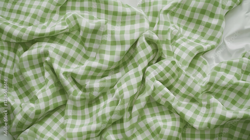 Poster a close-up view of soft green and white checkered fabric with a classic pattern and texture