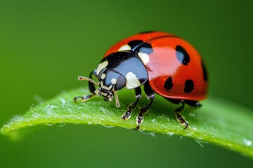 Fototapeta premium Close-up of a ladybug on a fresh green leaf with a vibrant background