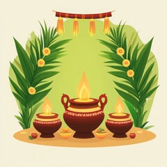 Illuminated Earthenware Lamps in Tropical Setting