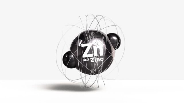 Zinc Zn metal 3d atom animation element from periodic table on clean white background