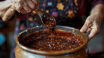 An elderly person stirring a rich, homemade sauce in a traditional pot.