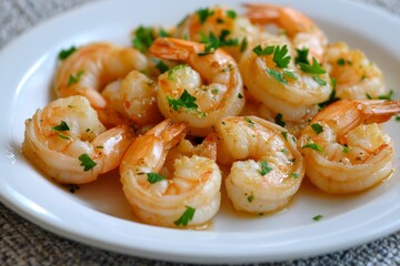 A plate of garlic butter prawns garnished with fresh parsley