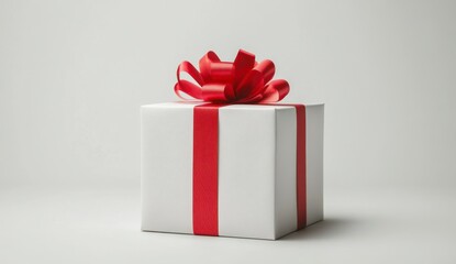 Fototapeta premium White Gift Box with Red Ribbon and Bow on Neutral Background