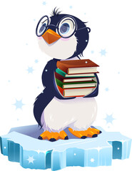 Teacher bird penguin standing on ice floe and holding stack of books. Vector cartoon illustration isolated on white