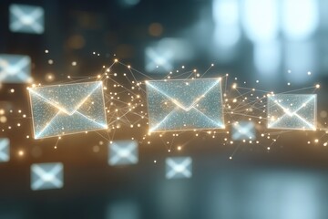 Abstract glowing connection network with digital blockchain symbols