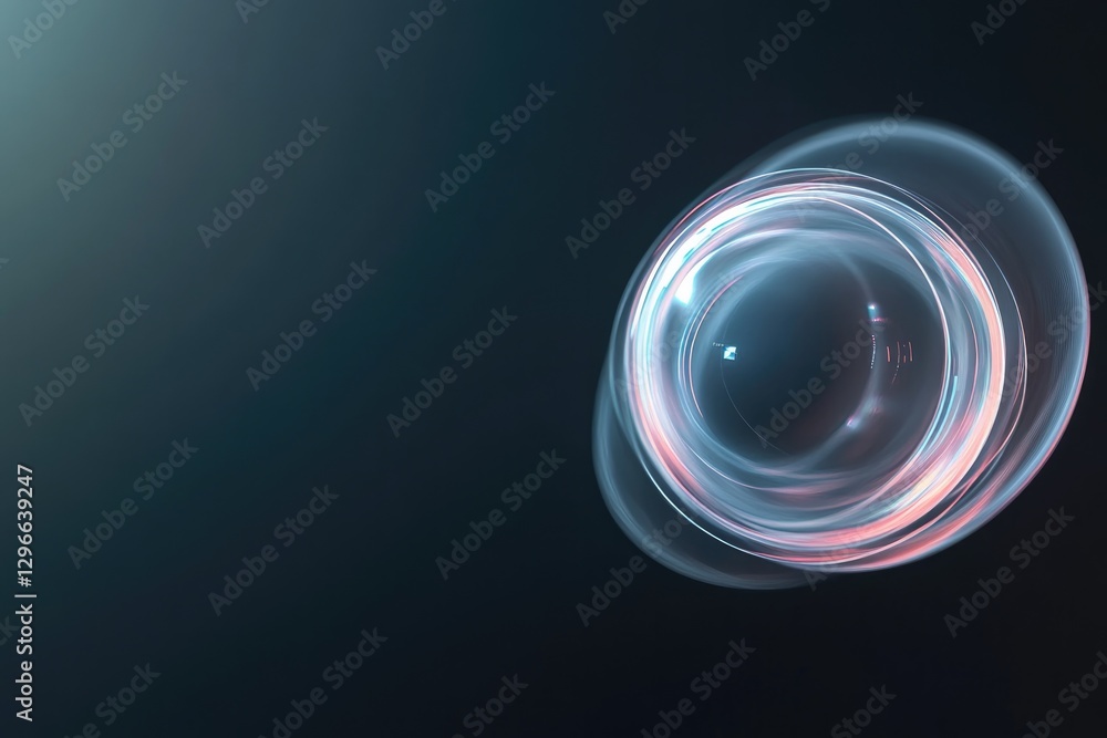 Aufkleber abstract 3d design featuring sphere surrounded by rotating rings glowing in soft hues set against da
