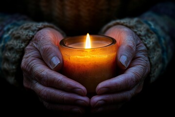 Warm hands holding a lit candle in dark peaceful atmosphere
