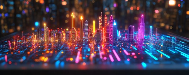 Obraz premium Silver tray with a digital cityscape, glowing rising arrows, modern cyberpunk aesthetic, neon lights, tech innovation