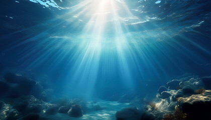 Obraz premium Sunbeams Illuminate the Ocean Floor with Bubbles and Rocks