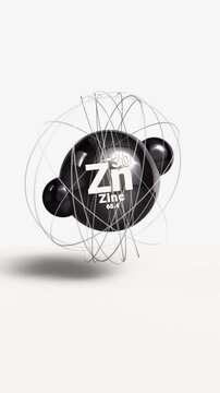 Vertical Zinc Zn metal 3d atom animation element from periodic table on clean white background