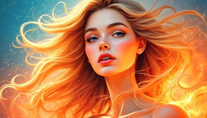 A young woman with long blonde hair and blue eyes is looking up at the sky.