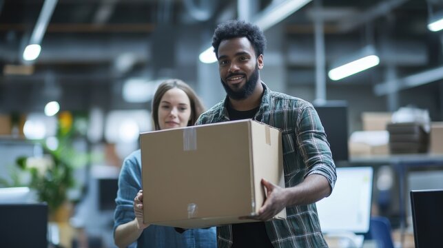 Smiling people carrying a brown box in an office environment