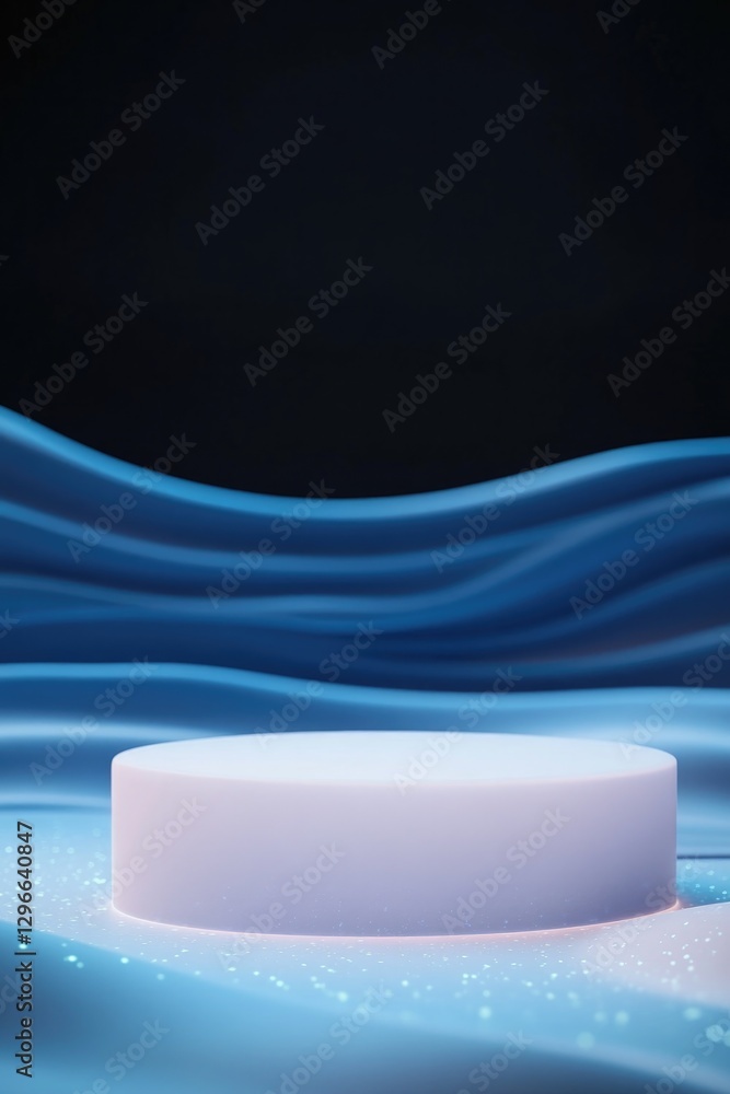 Poster abstract podium with smooth organic shapes and glowing patterns set against bioluminescent alien bac