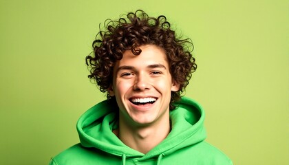 Obraz premium A young man with curly hair and a green hoodie is smiling at the camera.