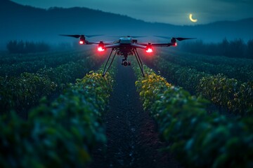 Fototapeta premium Futuristic drone flying low over green fields at dusk