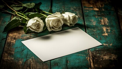 White roses, blank note, rustic wood