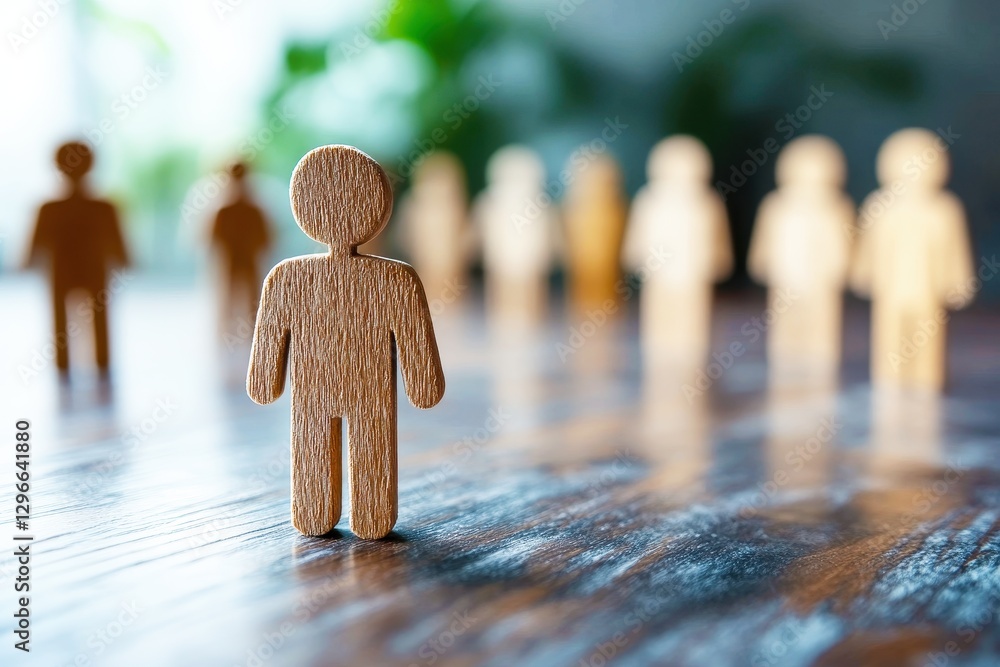 Poster wooden figurines in an abstract setting with a focus on a single figure among blurred background fig