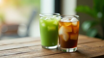 Refreshing Iced Beverages on Wooden Surface A Summer Day Delight