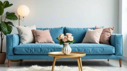 Serene Living Room Interior Design Featuring a Teal Sofa, Soft Pillows, and a Delicate Floral Arrangement on a Gold Coffee Table