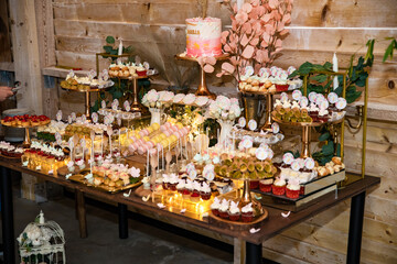 Elegant Wedding Candy Bar with Colorful Sweets, Cakes, and Fruits