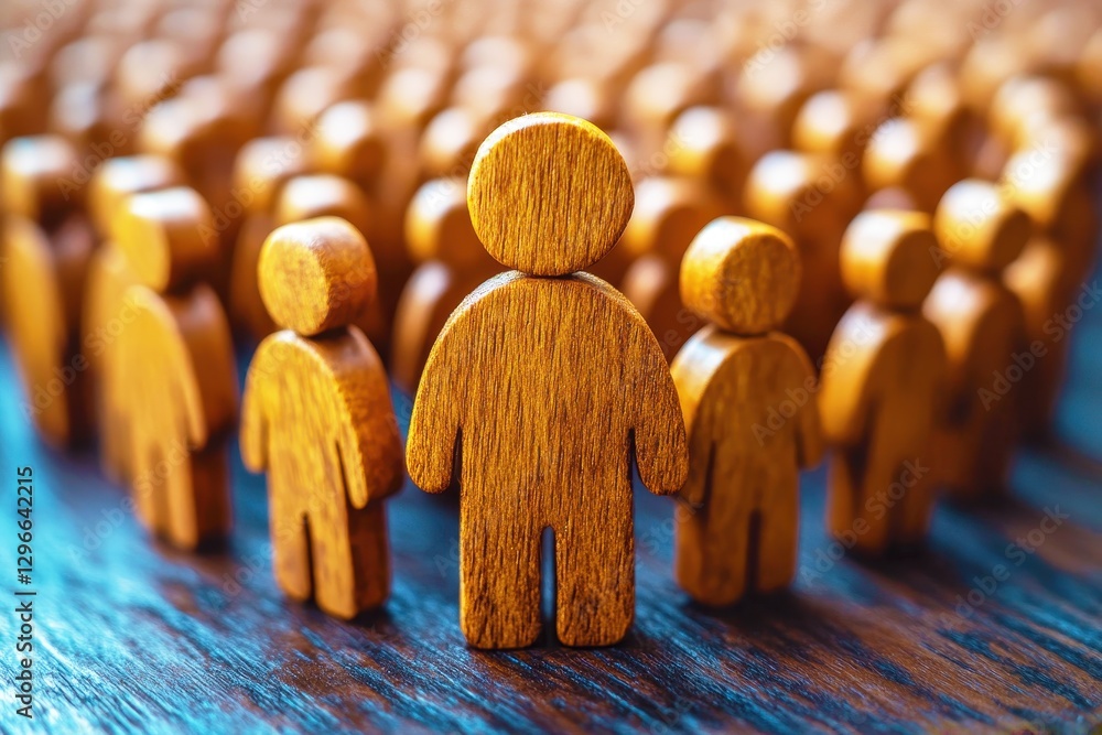 Poster group of wooden figurines representing unity and individuality in a crowd setting on a wooden surfac
