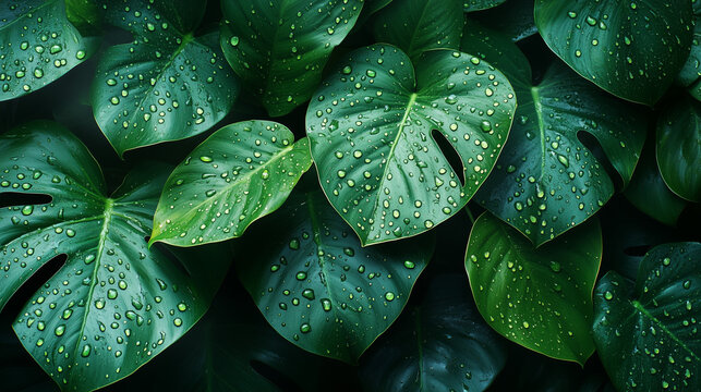 Tropical leaf texture with intricate abstract green patterns and big rain drops on them