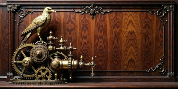 Ornate golden bird perched atop intricate clockwork mechanism against rich wood paneling