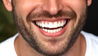 cropped closeup of a man's face with a big smile showing his white teeth.